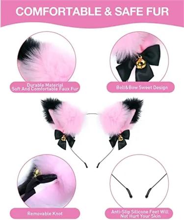 Cat Ears Bell Headband Folding Ear Powder Plus Black Gold Bell Bow Headband Fox Ear Accessories Cute Plush Headgear for Halloween Cosplay Costume Party Dress Girls - Buy Online on GoSupps.com