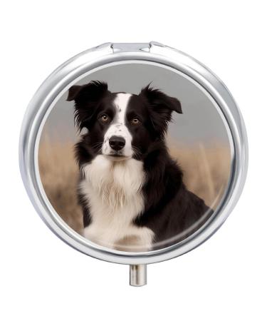 Round Pill Box Border Collie Print 3 Compartment Medicine Pill Case Print Pill Organizer Decorative Metal Portable Pill Box Pocket Pill Box
