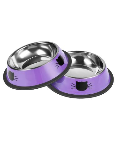 Serentive 2Pcs Cat Bowls Non-Slip Stainless Steel Small Cat Food Bowls Unbreakable Thicken Cat Feeder 7 Oz Cat Dishes Suitable for Indoor Small Pets Removable Rubber Base Easily Clean Lovely Color Purple