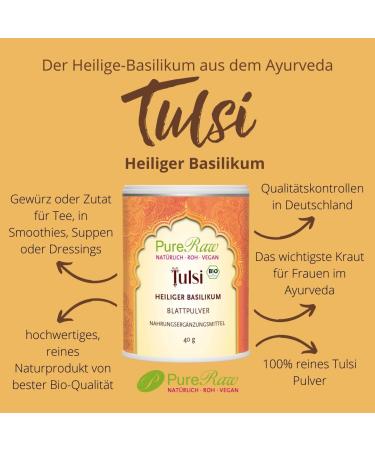 Organic Tulsi Powder - Vegan Ayurvedic Holy Basil - Pureeraw 40g | Additive-Free Indian Basil Bottled in Germany - Buy Online on GoSupps.com