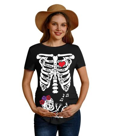 For G and PL Halloween Pregnancy Womens Top Maternity Funny Graphic Short Sleeve Shirt S-XXL S Rose Skull Baby