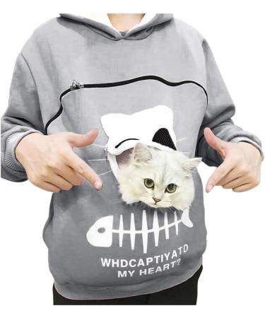 Womens Cat & Dog Long Sleeve Hoodie Sweater with Zipper - Cozy Big Bag Sweatshirt in Gray - Buy Online on GoSupps.com
