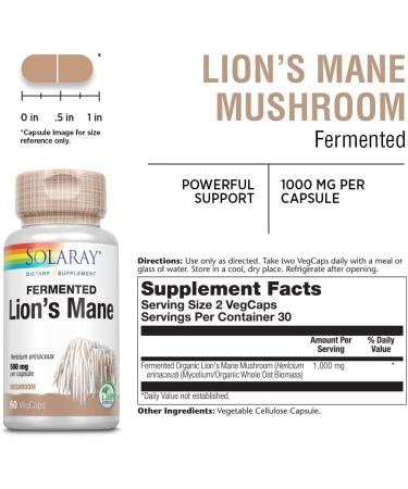 Solaray Lion's Mane Mushroom 500mg - Organic Fermented VegCaps | 60 Count - Buy Online on GoSupps.com