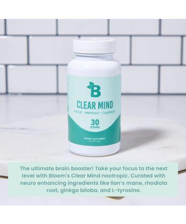 Bloom Nutrition Clear Mind Nootropic Brain Booster | Lions Mane Alpha GPC Ginseng Ginkgo Biloba Rhodiola Rosea | Supports Mental Clarity Memory & Focus | 60 Capsules - Buy Online on GoSupps.com