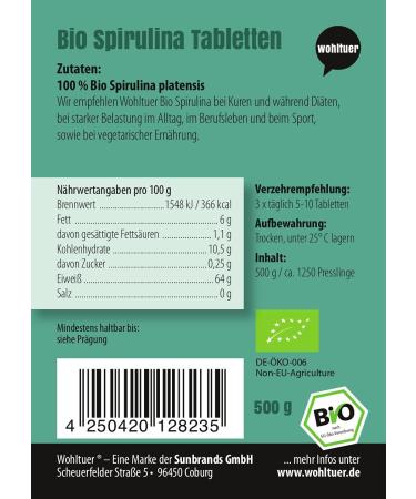Wohltuer Organic Spirulina 500g + 1 250 Tablets | DE- KO-006 Certified | Lab-Tested Quality in Germany | Fast International Shipping - Buy Online on GoSupps.com