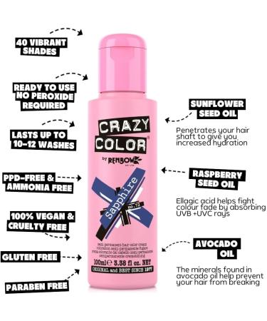 Crazy Color Metallic Sapphire Semi-Permanent Hair Dye - Deep Blue Vegan Formula | 200ml - Buy Online on GoSupps.com