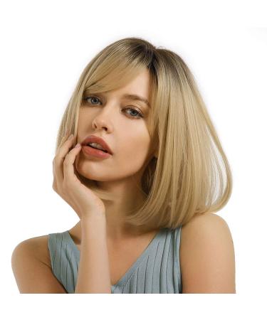 MORICA Blonde Wig with Bangs Short Hair Wigs for Women Ombre Blonde Wig Straight Bob Wig Synthetic Natural Heat Resistant Side Part Wigs 14 Inches for Party Daily Wear A-Blonde#