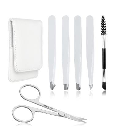 Precision Eyebrow Tweezers Set White Pack of 6 for Ingrown Facial Hair Removal Scissors Slant Pointed Tweezer Kit for Women Men with Leather Case Gift