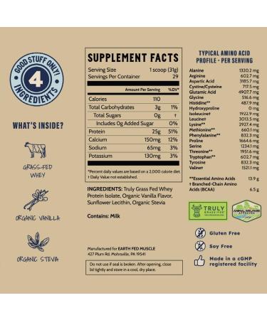 Earth Fed Muscle Whey Back Vanilla - 2lb Truly Grass Fed Protein | No Fillers Soy Free Non-GMO Hormone Free - Buy Online on GoSupps.com