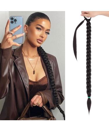 Leeven 26 Inch DIY Braid Ponytail Extension Natural Black Chocolate Brown Hair Extensions with Hair Tie Synthetic Slick Ponytail Hair Pieces 2# 26 Inch (Pack of 1) 2# /Black Chocolate Brown