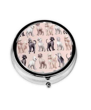 Poodles Dogs Portable Metal Pill Box Round Mini 3-Compartment Plastic Insert hinged Fastening Design Suitable for Small Pills Must-Have for Travel