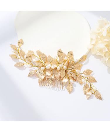 Gorais Leaf Bride Wedding Hair Comb - Gold Bridal Hair Piece with Pearl Accents for Women and Girls - Buy Online on GoSupps.com