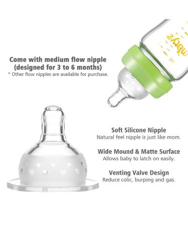 Matyz 8oz Glass Baby Feeding Bottle with Nipple - BPA Free, Easy to Hold & Clean - Green Lids - Wide Neck Breastmilk Bottle - Buy Online on GoSupps.com