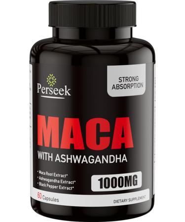 Perseek Maca Root Capsules Maca Root Capsules for Men & Women 1000MG Organic Maca Powder Maca Extract Ashwagandha Extract Black Pepper Extract | Non-GMO and Gluten Free Formula | 60 Count