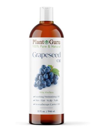 Plant Guru Grapeseed Oil 32 oz. Cold Pressed 100% Pure Natural Carrier For Skin Body Face and Hair Growth Moisturizer. Great For Creams Lotions Lip balm and Soap Making.