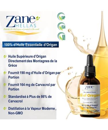 Zane Hellas 100% huile d'origan non dilu e.Huile Essentielle Grecque Pure d'Origan.86% Min Carvacrol.164 mg de carvacrol par portion.Probablement la meilleure huile d'origan au monde.1 oz-30ml - Buy Online on GoSupps.com
