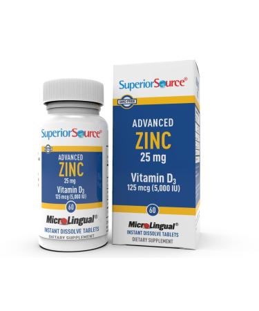 Superior Source Advanced Zinc with Zinc (25 mg) and D3 (5 000 IU) Quick Dissolve Sublingual Tablets 60 Ct Promotes a Healthy Immune System Non-GMO