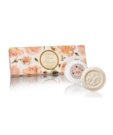 Rose Blossom Set Of 3-3.52 Oz Round Soaps Pleated Wrapping From Italy