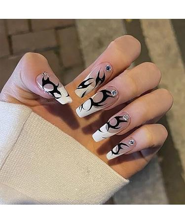 Sethexy knows long ballerina false fingernails French coffin fire wrong nails shiny rhinestone nail nails 24 pieces acrylic press the nail tips for women and girls