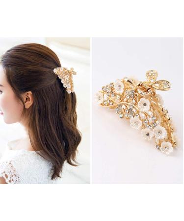 Vintage Metal Rhinestone Hair Claw with Imitation Pearl - Large Size Hair Clip for Women (Gold-A) - Buy Online on GoSupps.com