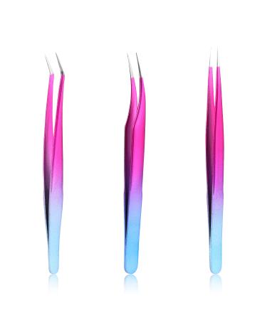 Lash Tweezers Set  3Pcs Stainless Steel Lash Extension Tweezers 3 Styles Straight and Curved Eyelash Tweezers for Removing Eyebrows False Lashes Smeared False Nails (Red-Blue Gradient)
