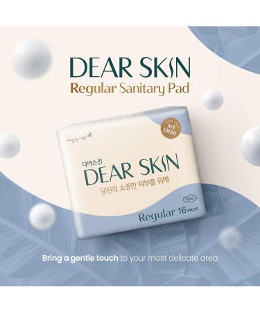 DEAR SKIN Air Embo Sanitary Pads - Regular Size / 16 Count | Chlorine Free, Hypoallergenic, Heavy Absorbency | Breathable Layers, Leak-Free Guard, Wings | Women's Regular Pads - Buy Online on GoSupps.com