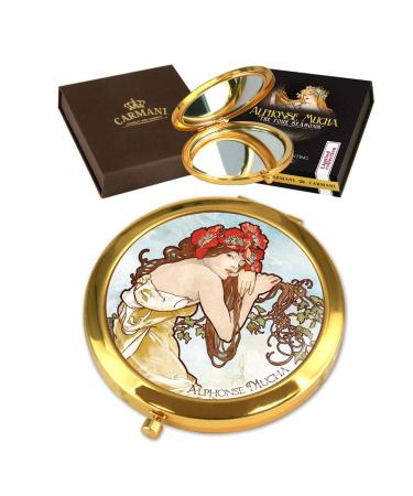 CARMANI - Gold plated bronze pocket compact travel mirror decorated with Mucha 'Summer' painting