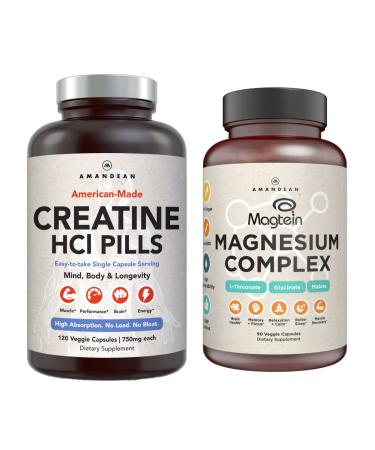 AMANDEAN Magnesium Complex & Premium Creatine HCl Bundle. Branded & Studied. USA-Made CON-CRET. High-Absorption Magnesium Threonate Glycinate & Malate. Lean Muscle. Energy. Cognition Memory & Sleep