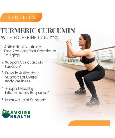 Avoirr Health Organic Turmeric Curcumin Supplement with Pepper- Turmeric Supplement Inflammation Relief Antioxidants & Health Support Supplement for Men Women -1500 mg- 60 Capsules - Buy Online on GoSupps.com