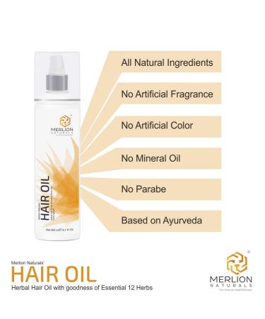 MERLION NATURALS Herbal Hair Oil with 12 Essential Herbs - Amla, Virgin Coconut, Sesame Seed | 200ml/6.7oz | 100% Pure & Natural - Buy Online on GoSupps.com