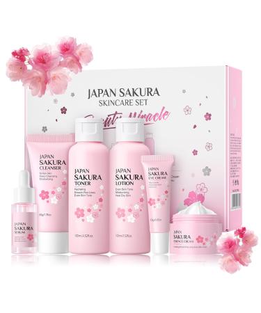 6PCS Sakura Skin Care Set Skin Care Set Includes Facial Cleanser Toner Lotion Essence Eye Cream And Face Cream Beauty Travel Skin Care Gift Set Suitable For Girls