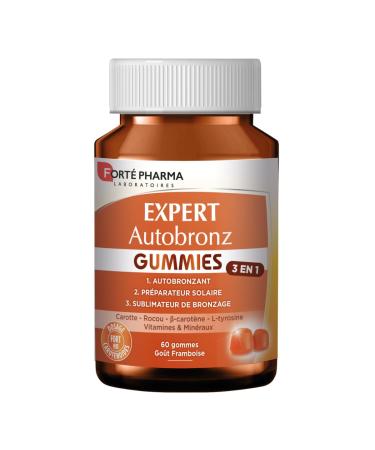 Fort Pharma - Expert AutoBronz Gummies - L-tyrosine S l nium Vitamines C E Lut ine Beta carot ne - Compl ment alimentaire solaire - Teint h l bonne mine- 60 gommes m cher 2/jour Expert AutoBronz Gummies 60 gommes Framboise