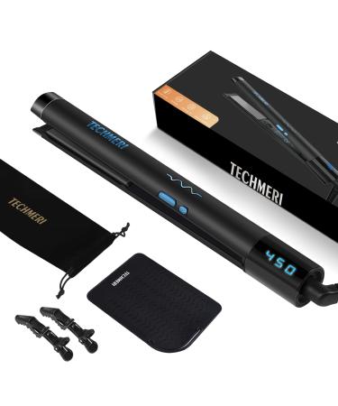 TECHMERI Hair Straightener Flat Iron and Curler 2 in 1 Ceramic Ionic 1 inch 450F Dual Voltage Black