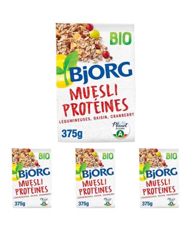 BJORG - Muesli Prot ines Bio - L gumineuses Raisin Cranberry - R duit En Sucres - Riches En Fibres - 375g (L'emballage peut varier) (Lot de 4) L gumineuses Raisin ranberry