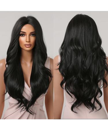 Long Curly Black Wigs for Women | Natural Wavy Synthetic Middle Part Wig - Shop Internationally! - Buy Online on GoSupps.com