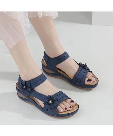 XTZYGLFD Women's Summer Floral Wedge Sandals - Comfortable Breathable Hook Loop Shoes - Blue - Size 7 UK - Buy Online on GoSupps.com