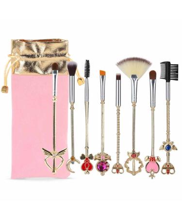 Coshine 8pcs Sailor Moon Makeup Brush Set With Pouch, Magical Girl Gold Cardcaptor Sakura Cosmetic Brushes With Cute Pink Bag