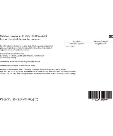  Swanson Swanson L. Plantarum Probiotic 30 vegan capsules 25 mg of Lactobacillus plantarum per dose gluten-free soy-free non-GMO unflavored - Buy Online on GoSupps.com