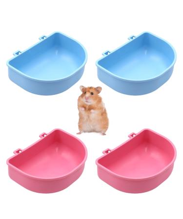 HIXNUG 4 Pieces Hamster Semicircle Feeder Two Color Hanging Food Water Container Portable Feeding Cage Cups Plastic Food Bowl with Hook for Hamsters Rabbit Birds Pet