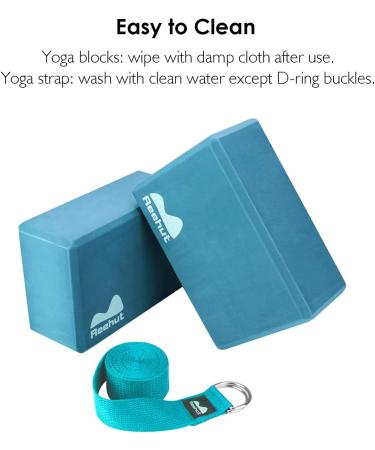 REEHUT Yoga Block 2 Pack & Metal D Ring Yoga Strap 1 Pack Combo Set - High Density EVA Foam Support Block & 8FT Stretching Belt for General Fitness - Black/Cyan - Buy Online on GoSupps.com
