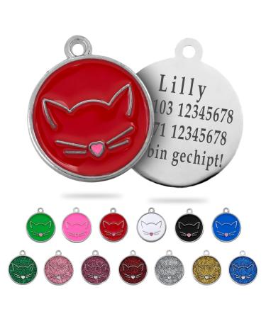 Ibera Gifts - Personalized cat brand for medium to large cats in round shape with cat with engraving name collar brand address trailer cat necklace (red)