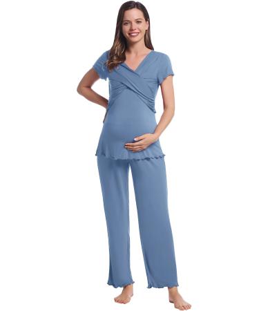 Women Maternity Pyjama Set Short Sleeve Tops & Long Pants Summer Cool Moisture Wicking Pregnancy Labor Nursing Breastfeeding Postpartum Sleepwear XXL Dusty Blue