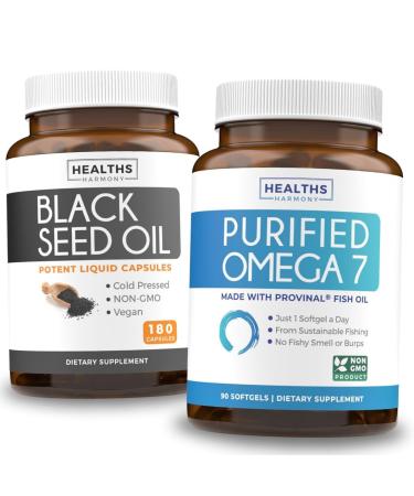 Omega 7 Softgels & Black Seed Oil (3-Month Supply) Omega Glow Blend Bundle - Purified Omega-7 Softgels (90 Softgels) Provinal Peruvian Anchovy and Black Seed Oil (180 Capsules) Cold-Pressed Oil