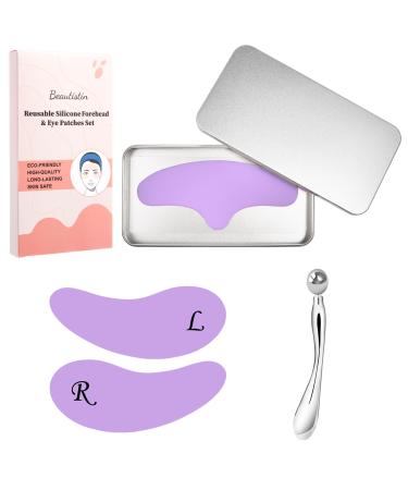 Silicone Forehead Wrinkle Patch - Reusable Forehead Wrinkle Patch and Eye Patches Set Silicone Patches for Wrinkles For Use with Face Cream or Lotion Metal Eye Cream Applicator Tin Case Purple