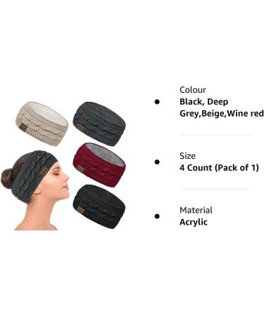 Winter Cable Knit Headbands Set for Women - 4 Pack Ear Warmer Twist Headbands | Ideal for Outdoor Sports, Skiing, Running | Perfect Gift | Black, Deep Grey, Beige, Wine Red - Buy Online on GoSupps.com