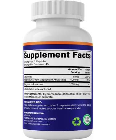 Vitamatic Magnesium Aspartate 400mg per Serving - 90 Vegetarian Capsules - Added B6 for Maximum Absorption - Supports Muscle, Joint, and Heart Health*- 2 Pack - Buy Online on GoSupps.com