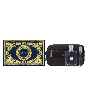 Versace Pour Homme for Men 3 Piece Set Includes: 3.4 oz Eau de Toilette Spray + 0.3 oz Eau de Toilette Travel Spray + Black Trousse