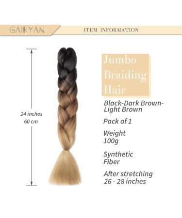 Gairyan Jumbo Braids Extensions - 100g Ombre Synthetic Braiding Hair (60cm) for Box Crochet - Afro Hair (Black Dark Brown & Light Brown) - Buy Online on GoSupps.com
