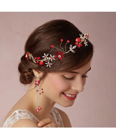 Drokit Red Flower Tiara Bridal Headpiece and Earrings Set - Wedding Hair Jewelry and Accessories - Buy Online on GoSupps.com