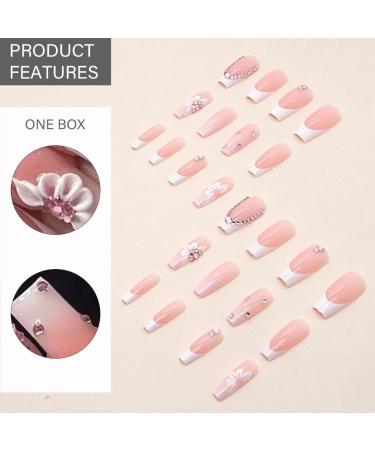 PLCPDM False s Flower Full Cover Tips French White Tip Stick On Rhinestones Press On for Women 1 set 1 box - Buy Online on GoSupps.com